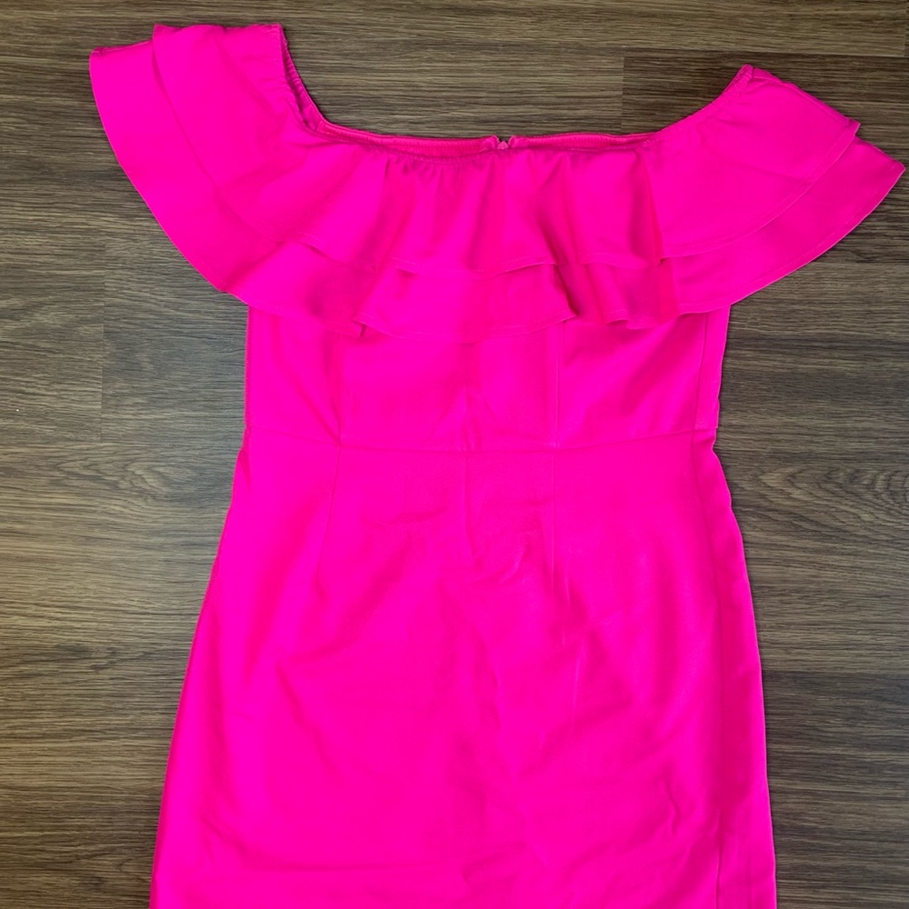 Pink Lily Off Shoulder Short Cocktail Dress Hot Pink with Ruffles